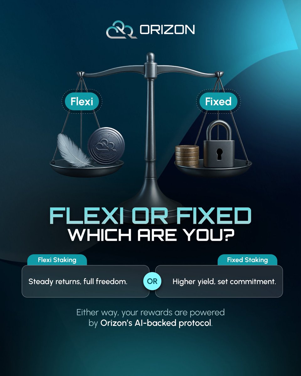 Orizon_DeFAI's tweet photo. ⚖️ Flexi or Fixed Staking? — which one are you?

💨 Flexi: Steady returns, full freedom
🔒 Fixed: Higher yield, set commitment

Either way, your rewards are powered by Orizon DeFAI Protocol.
🌐 https://t.co/U1Yjx4aGmA

#Orizon #DeFAI #ORI #CryptoEarnings #DeFi #AI #Web3 #Staking https://t.co/5QHMw0YAAh