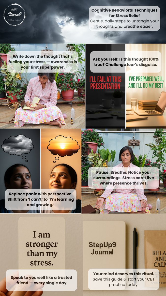 StepupNine's tweet photo. Stress says: “You’ll mess this up.”
CBT says: “What’s the evidence?”
Challenge the thought.
Rewrite the story.
Feel the calm return. 🌿

#CBT #StressRelief #StepUp9 #MindsetShift #WellbeingJourney
💭 What’s your go-to stress mindset shift? https://t.co/TmDYvettw4