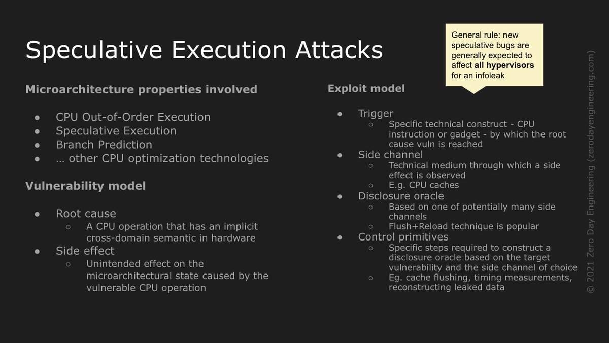 As a rare and precious hypervisor VM escaper authority, this RETbleed-on-VM research from Google is cool.

Few realize: most Speculative Execution &amp; Side-Channel exploits affect hypervisors *automatically* – even if it isn't mentioned in the paper.

Why?

They cross software
