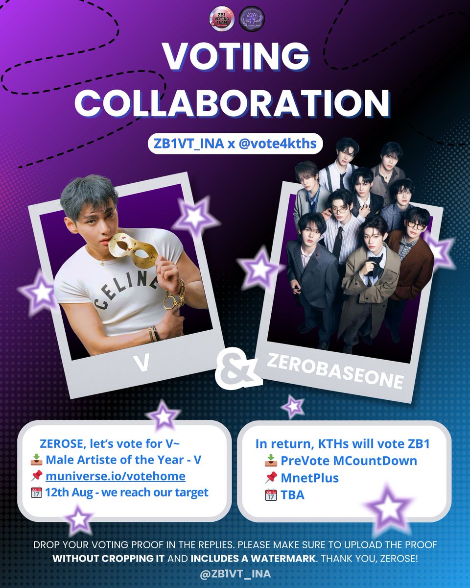 [🗳 ] VOTING COLLABORATION with <a href="/vote4kths/">KTH Voting Team</a>

 #ZB1XVBTS

Zerose INA, let's help voting V on Jupiter Music Award:
📆 12th Aug - we reach our target
📮 Male Artiste of the Year - V
📌 muniverse.io/votehome

In return KTHS will help us to vote on PREVOTE MNETPLUS of NEVER SAY NEVER