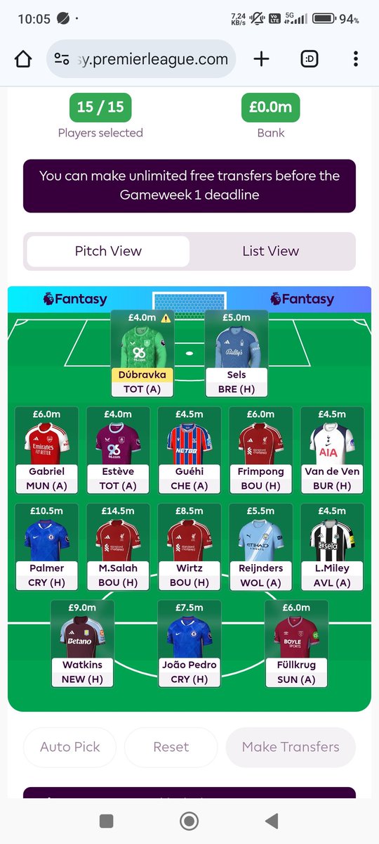 Skład, którym mogę wystartować. 
Jeszcze zastanawiam się czy wystartować Gabrielem czy na nim przy oszczędzić 0.5 na  tylko kto za niego?
#FPL