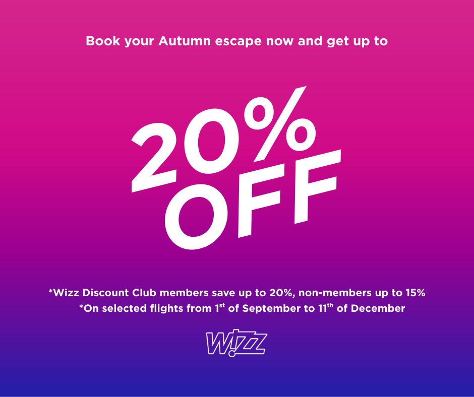 Dreaming of a fall getaway?🍂
It’s time to use your discount!✨ As a Wizz Discount Club member, you can now get 20% off selected flight tickets for travel between September 1 and December 11.
Not a member? You can still enjoy 15% off!
