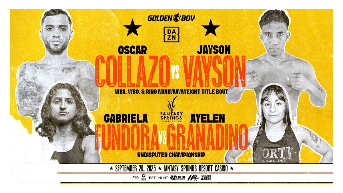 WorldBoxingNews's tweet photo. Collazo, Fundora co-feature at Fantasy Springs on Sept 20
Full Story: https://t.co/qDqh7cQnQL
#Collazo #Fundora #boxing https://t.co/bEDZruwuo2