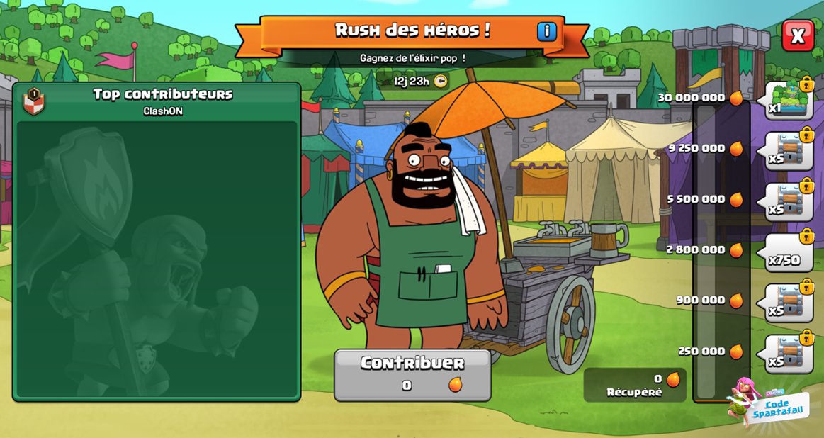Lancement demain du nouvel évènement du 13 au 20 à 10h FR

Rush des héros

Collectez de l'élixir noir avec votre clan pour récupérer un max de récompense dont le décor Clash-A-Rama
- Batailles multi
- Détruire héros
- Foreuses
- Charette

PS : la progression sera doublée samedi