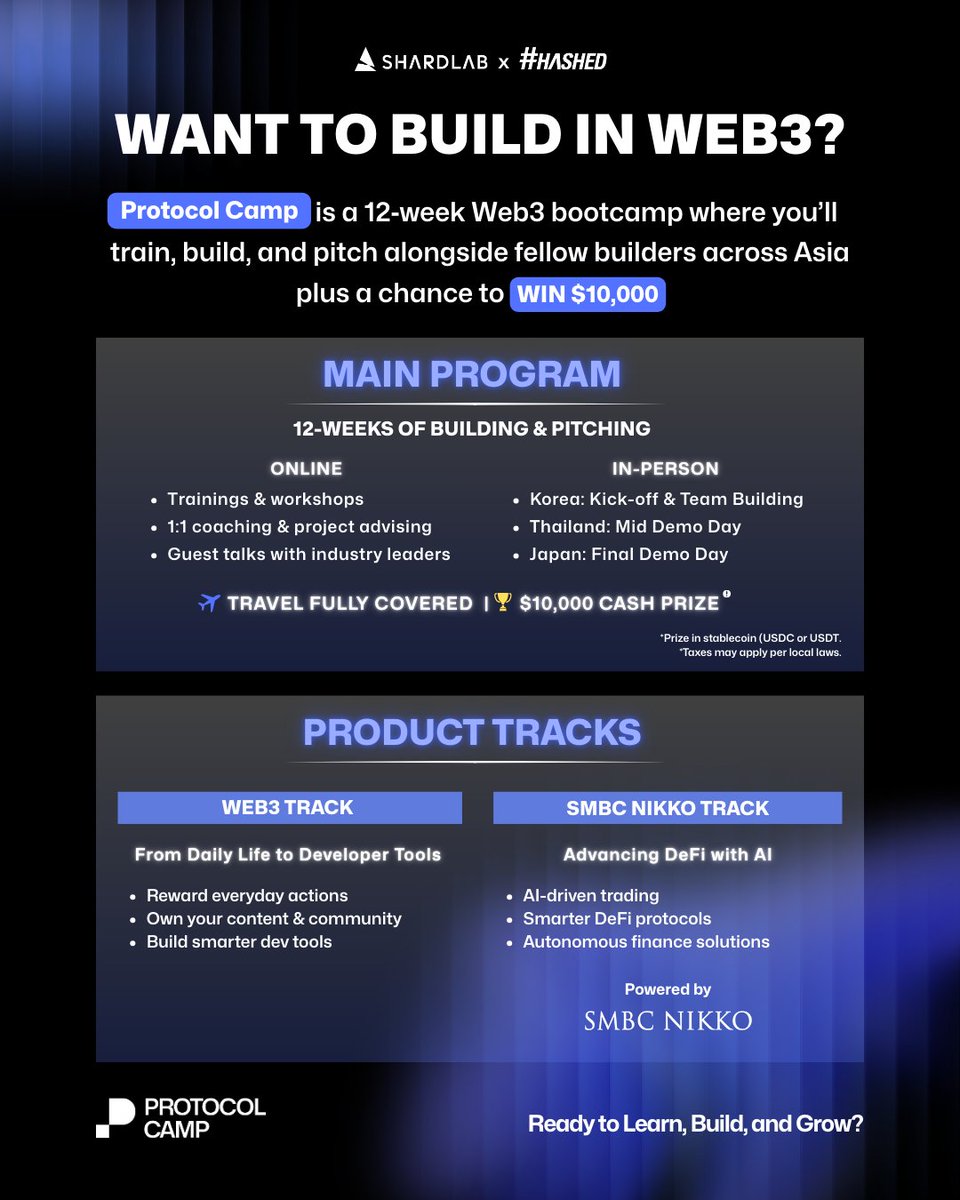 🌐Protocol Camp 2025 is here!

A 12-week fully-funded Web3 bootcamp by <a href="/0xShardLab/">ShardLab</a> x <a href="/hashed_official/">#Hashed</a> for Developers, Designers &amp; PMs across Asia.

Learn from top industry experts, build real projects, pitch to top VCs, and compete for $10K!

📍Format: Hybrid (Online + In-person