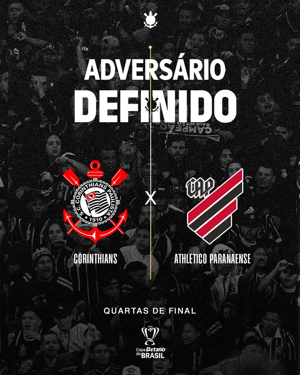 Corinthians's tweet photo. ADVERSÁRIO DEFINIDO! ✔️

O Athletico Paranaense será o nosso adversário nas quartas de final da Copa do Brasil! ⚽

Os mandos de campo serão definidos em breve. As datas base das partidas estão marcadas para os dias 27 de agosto e 11 de setembro.

#VaiCorinthians https://t.co/35df4rpAfl