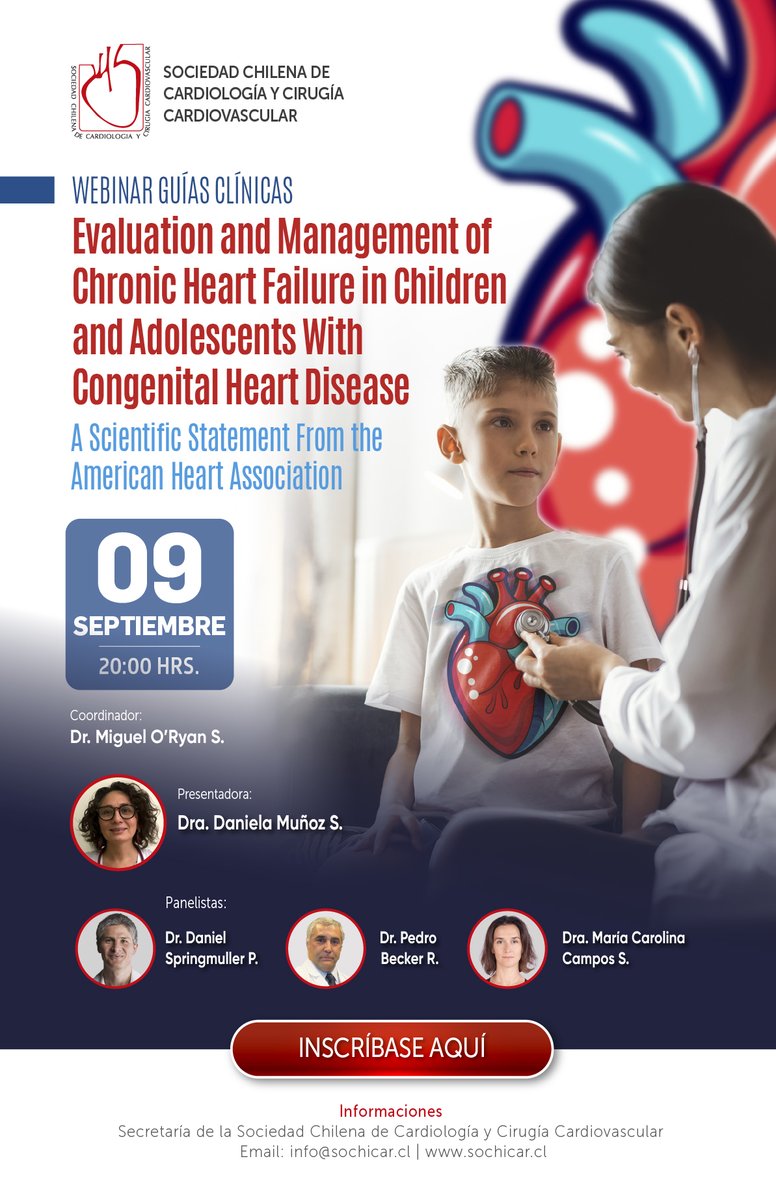Sochicaroficial's tweet image. 🫀 Conéctate este 9 de septiembre a las 20:00 hrs para conocer la nueva guía AHA sobre manejo de insuficiencia cardíaca crónica en niños y adolescentes con cardiopatías congénitas.
📩 Inscríbete enviando un correo a info@sochicar.cl
#Cardiología #SOCHICAR