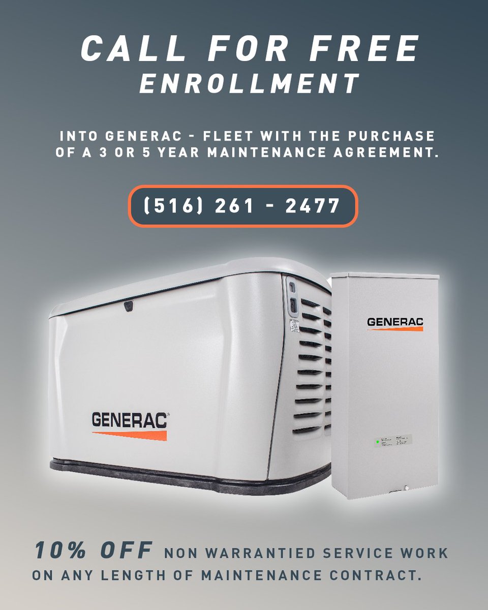 Free Enrollment Alert! Get enrolled into Generac Fleet with the purchase of a 3 or 5-year maintenance agreement.

Call (516) 261 - 2477 Flexible Financing Options!

Enjoy 10% off non-warranted service work on any maintenance contract.

#generac #maintenanceagreement