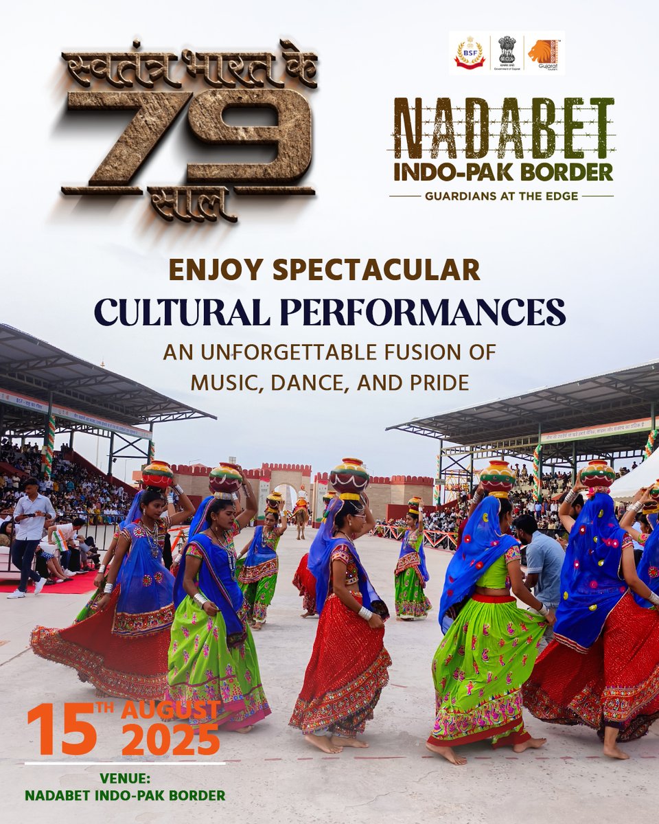 At the Nadabet Indo-Pak Border, witness vibrant cultural performances that honour the spirit of our land and the guardians who protect it. Celebrate unity, pride,and tradition where every beat echoespatriotism. Join the celebration this Independence Day.#Nadabet #IndependenceDay
