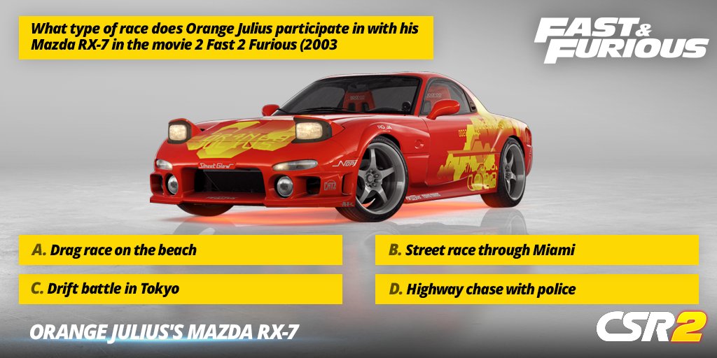 Join the POWER OF THE ROAD Trivia! 🎉 Drop your answer in the comments below, and 5 lucky winners will get a chance to win in-game Orange Julius's Mazda RX-7. 

Play CSR2 here: zynga.social/csr2x

#CSR2 #CSRRacing #FastandFurious #MazdaRX7 #OrangeJulius #FastFurious