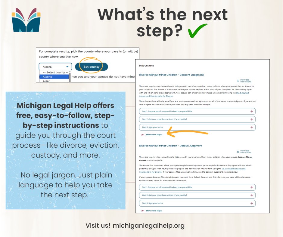 Need help filing your case? 📝
Go to the resource page, pick your county, scroll down, and get step-by-step instructions you can even print as a checklist.
👉 michiganlegalhelp.org
 #MichiganLegalHelp #KnowYourRights