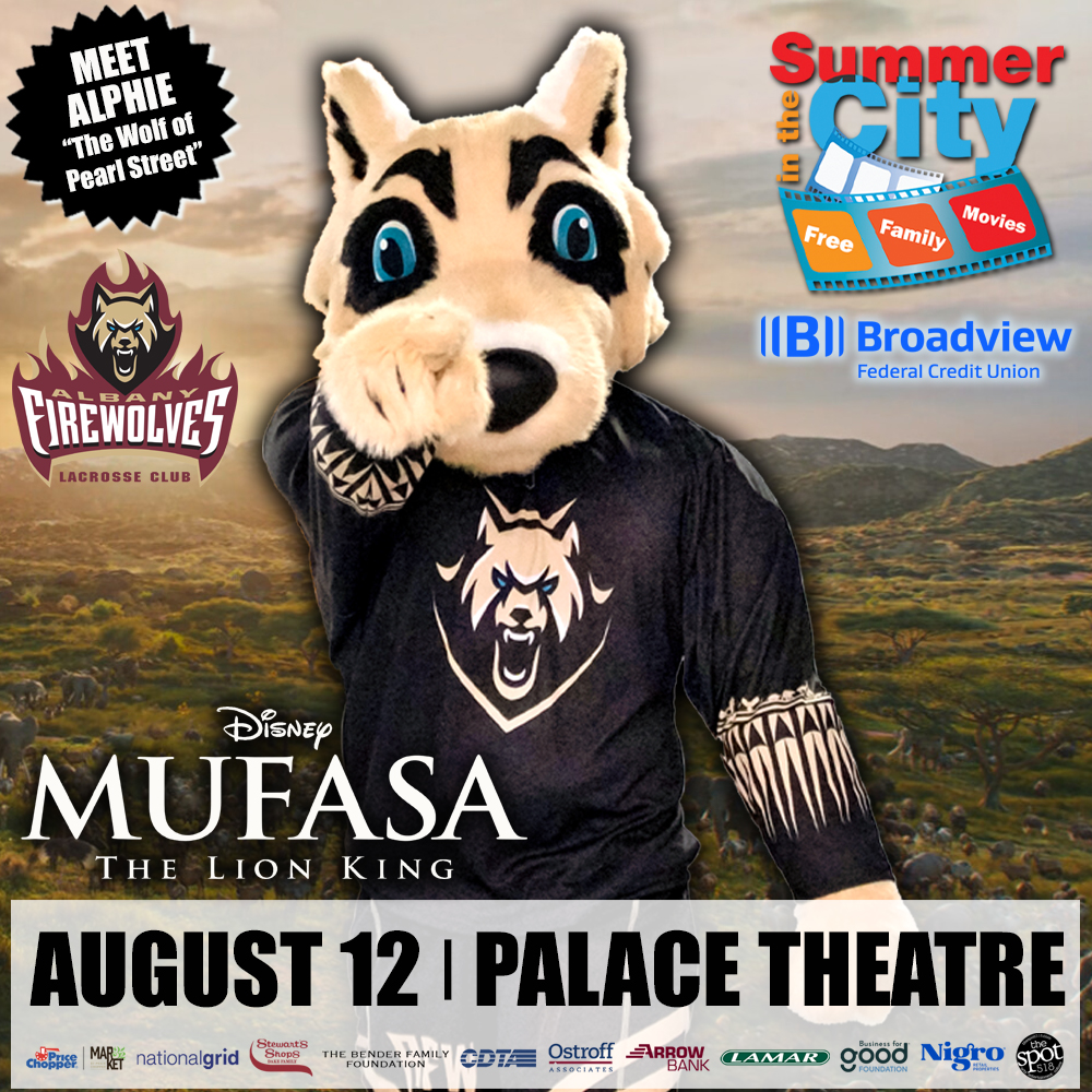PalaceAlbany's tweet image. TODAY at Summer in the City - Before the movie kicks off, get fired up for a visit from the @AlbFireWolves and meet ALPHIE “The Wolf of Pearl Street” from Noon to 1pm! Grab your Free Tickets and join us -> bit.ly/PalsitcMufasa