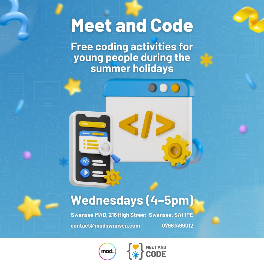 SwanseaMAD's tweet image. Free coding activities for young people this summer! 💻
Unlocking Digital Skills for All, Together ✨
Wednesdays (4–5pm)
216 High Street, SA1 1PE
contact@madswansea.com
@MeetAndCode
#DigitalSkills4All #MeetAndCode #codeEU #DigitalSkills4All #amazonfutureengineer #SAP4Good
