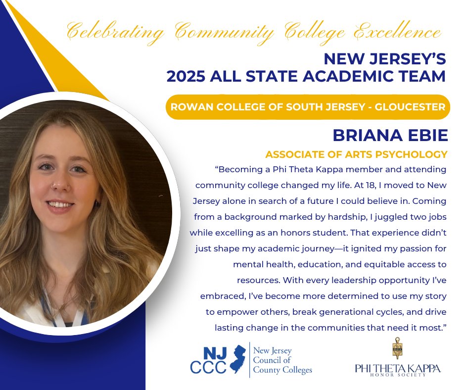 NJ's Community Colleges (@njcommcolleges) on Twitter photo Being part of the NJ All-State Academic Team means using your voice for good. 
Congratulations to Briana Ebie from @rowancollege, Gloucester, on this prestigious recognition! 
#NJAllStateAcademicTeam #IamPTK @phithetakappa Being part of the NJ All-State Academic Team means using your voice for good. 
Congratulations to Briana Ebie from @rowancollege, Gloucester, on this prestigious recognition! 
#NJAllStateAcademicTeam #IamPTK @phithetakappa