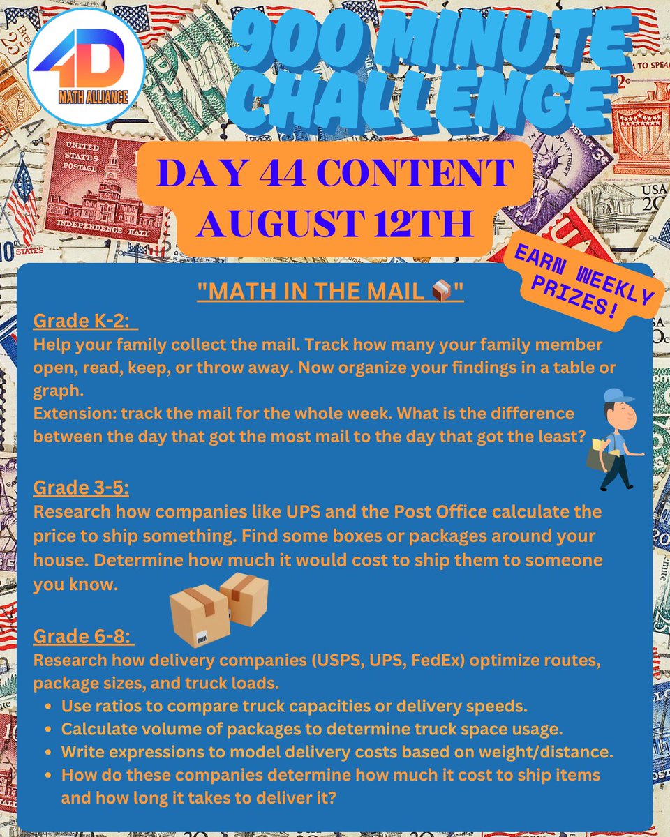 4D Math Alliance (@4dmath) on Twitter photo Day 44 of the #900MinChallenge delivers #math in the #mail. Sending #letters or #packages factors in lots of math from #weight to #calculating #shippingcost & optimizing #delivery routes. Share your work by tagging us or email info@4dma.org #MathintheMail <a href="/UPS/">UPS</a> <a href="/USPS/">U.S. Postal Service</a> <a href="/FedEx/">FedEx</a> Day 44 of the #900MinChallenge delivers #math in the #mail. Sending #letters or #packages factors in lots of math from #weight to #calculating #shippingcost & optimizing #delivery routes. Share your work by tagging us or email info@4dma.org #MathintheMail <a href="/UPS/">UPS</a> <a href="/USPS/">U.S. Postal Service</a> <a href="/FedEx/">FedEx</a>