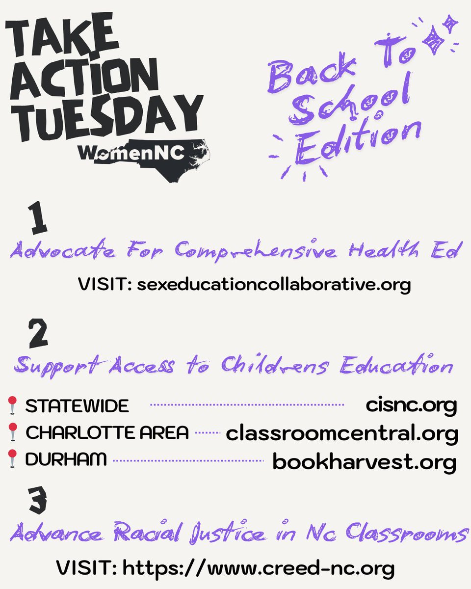 🎒 It’s Take Action Tuesday: Back to School Edition!

As students head back to class, let’s show up for health, equity, and access in NC schools. 
📍3 ways to take action—details in the flyer!
#TakeActionTuesday #BackToSchool #NCAdvocacy #supportouryouth