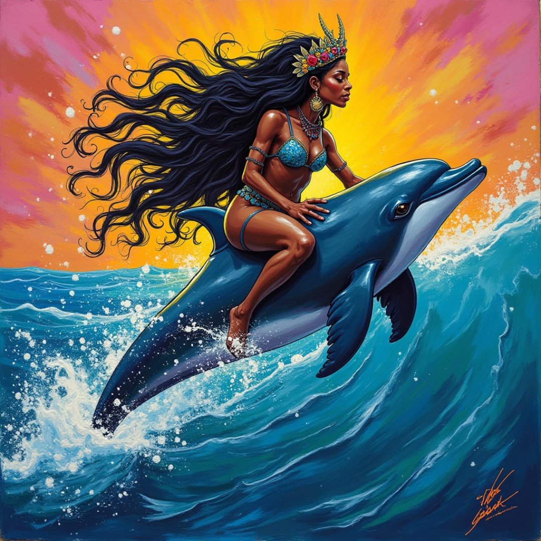 Riding a dolphin with Yemaya—Yoruba Goddess of the Sea &amp; Motherhood. 
From Africa’s rivers to Greece’s olive groves &amp; the Americas’ sacred mountains, Goddesses inspire strength, compassion &amp; transformation.
Join the workshop ➡️ yeyeluisahteish.com #DivineFeminine