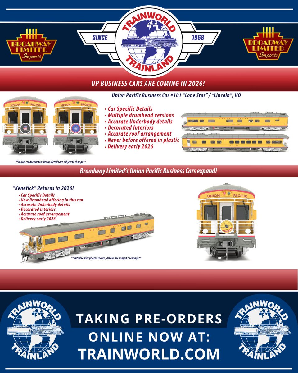 TrainWorld.com (@trainworld) on Twitter photo The amazing <a href="/BLITrains/">Broadway Ltd Imports</a> HO Kenefick cars are coming back with all new details and variants! 💖
PreOrder today at TrainWorld.com! tinyurl.com/5bwav5nj
#broadwaylimited #hoscale #Kenefick #businesscar #observationcar #passengercar #unionpacific #rollingstock #preorder The amazing <a href="/BLITrains/">Broadway Ltd Imports</a> HO Kenefick cars are coming back with all new details and variants! 💖
PreOrder today at TrainWorld.com! tinyurl.com/5bwav5nj
#broadwaylimited #hoscale #Kenefick #businesscar #observationcar #passengercar #unionpacific #rollingstock #preorder