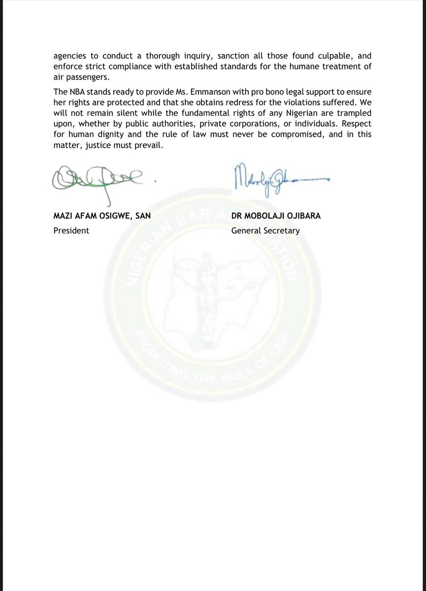 AFAM OSIGWE (@afamosigwe) on Twitter photo “The treatment of Ms. Comfort Emmanson by Ibom Air was reckless and violated her right to dignity of human person”
The Nigerian Bar Association (NBA) <a href="/NigBarAssoc/">Nigerian Bar Association</a> strongly condemns the treatment of Ms. Comfort Emmanson in the incident aboard an Ibom Air flight on 10 August 2025 “The treatment of Ms. Comfort Emmanson by Ibom Air was reckless and violated her right to dignity of human person”
The Nigerian Bar Association (NBA) <a href="/NigBarAssoc/">Nigerian Bar Association</a> strongly condemns the treatment of Ms. Comfort Emmanson in the incident aboard an Ibom Air flight on 10 August 2025