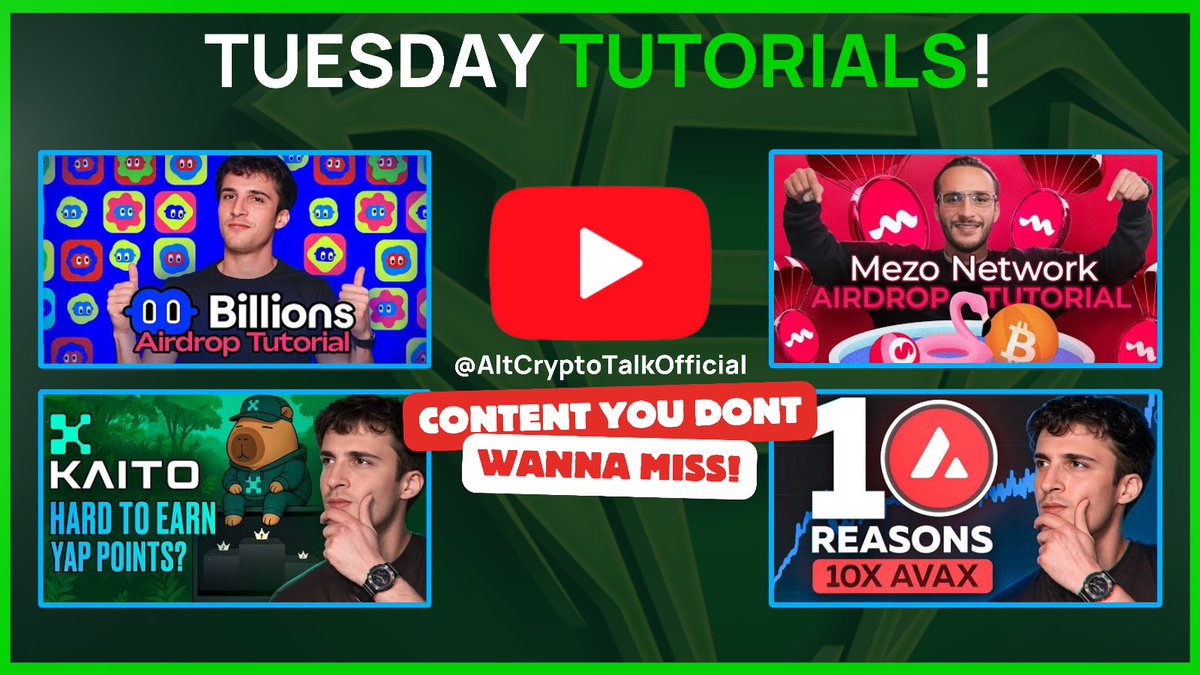 AltCryptoGems's tweet image. TUESDAY TUTORIALS!

You need to watch these #Crypto tutorials and #guides from Youtube.com/@AltCryptoTalk… 

Check out these videos on the #Billions Network, $KAITO, #Mezo and $AVAX!