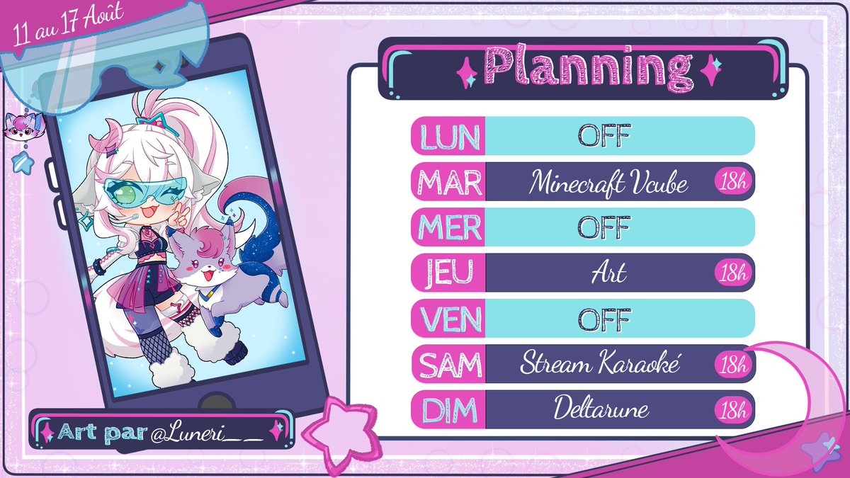 ✩ | Planning du 11 au 17 Août | ✩

Je vous souhaite une bonne journée et je vous dis à très vite en stream ! 

Art par <a href="/luneri__/">Eri 🌙 ORANOVA ✨</a> 🥰