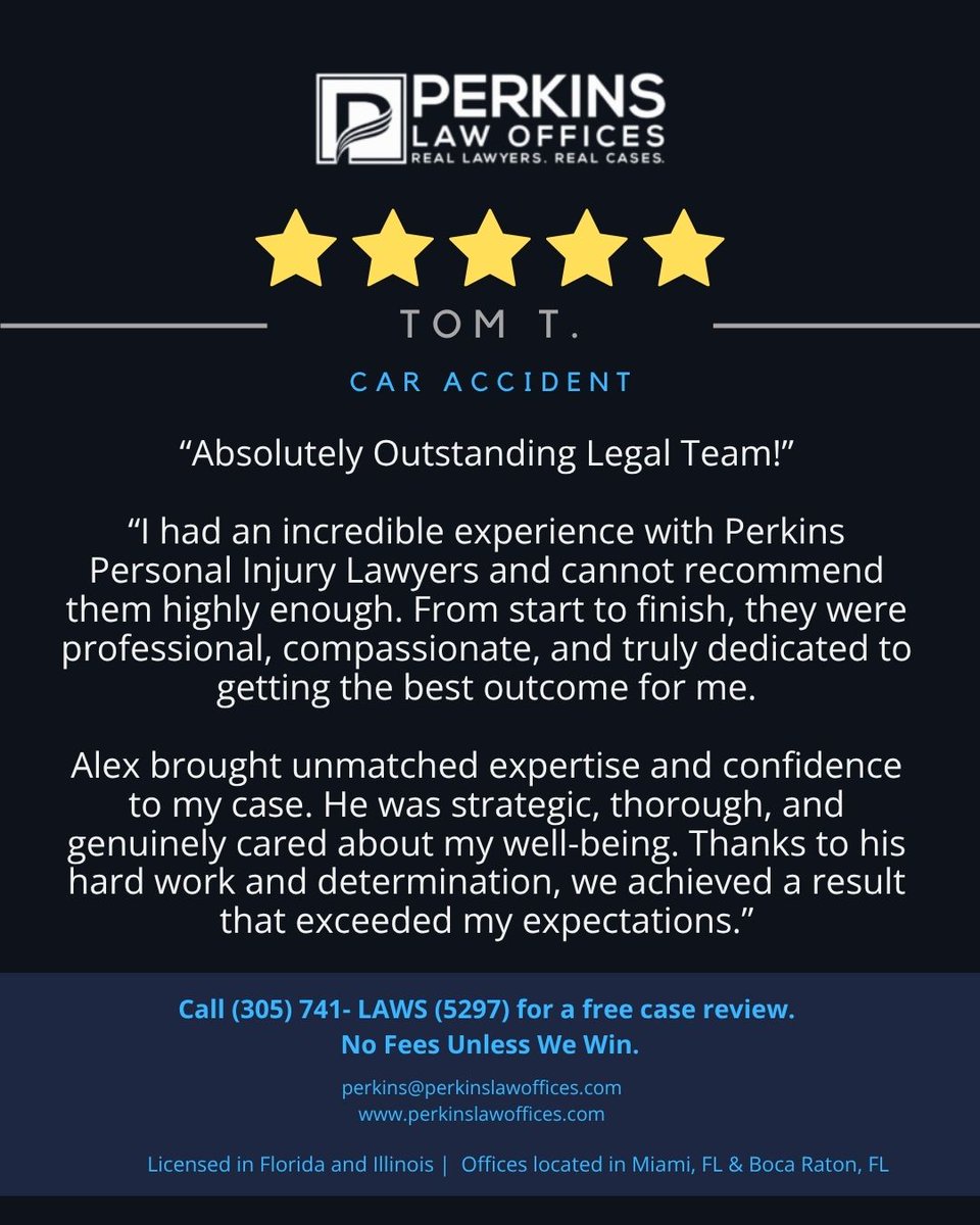 LawPerkins's tweet photo. 🏆Client Spotlight - We appreciate this incredible review! 🌟

“Absolutely Outstanding Legal Team! 

I had an incredible experience with Perkins Personal Injury Lawyers and cannot recommend them highly enough. From start to finish, they were professional, compassionate, and truly dedicated to getting the best outcome for me.

A heartfelt thank you to Karla and Alex—they were phenomenal! Karla was always kind, responsive, and made sure I felt supported and informed every step of the way. Her warmth and attention to detail made a huge difference during a stressful time.

Alex brought unmatched expertise and confidence to my case. He was strategic, thorough, and genuinely cared about my well-being. Thanks to his hard work and determination, we achieved a result that exceeded my expectations.

If you’re looking for a legal team that treats you like family and delivers exceptional results, Perkins is the one to call. Karla and Alex are a dream team, and I’m beyond grateful for everything they did for me!”

#caraccidentlawyer #personalinjury #miamipersonalinjuryattorney #legalteam #clienttestimony #lawyers #justice #legaladvice #testimonials #lawfirm