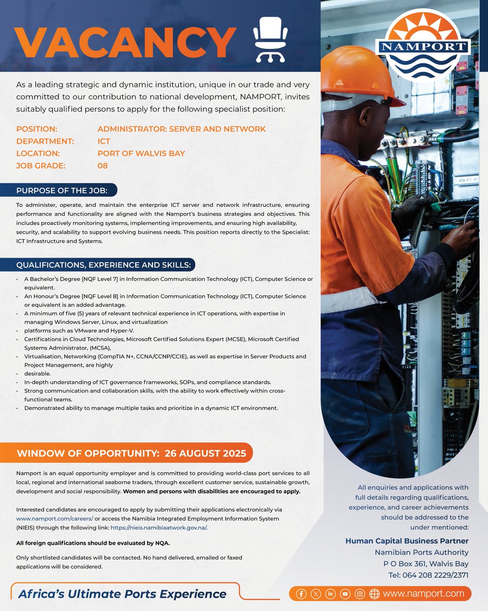 🚨 Vacancies at Namport!
We're hiring for:
⚓ Marine Pilot x4 – Apply by 21 Aug
💻 Server &amp; Network Admin – Apply by 26 Aug
📍 Walvis Bay &amp; Lüderitz
Apply via NIEIS: nieis.namibiaatwork.gov.na
#Namport #JobsInNamibia #MarineJobs #ICTJobs #NowHiring