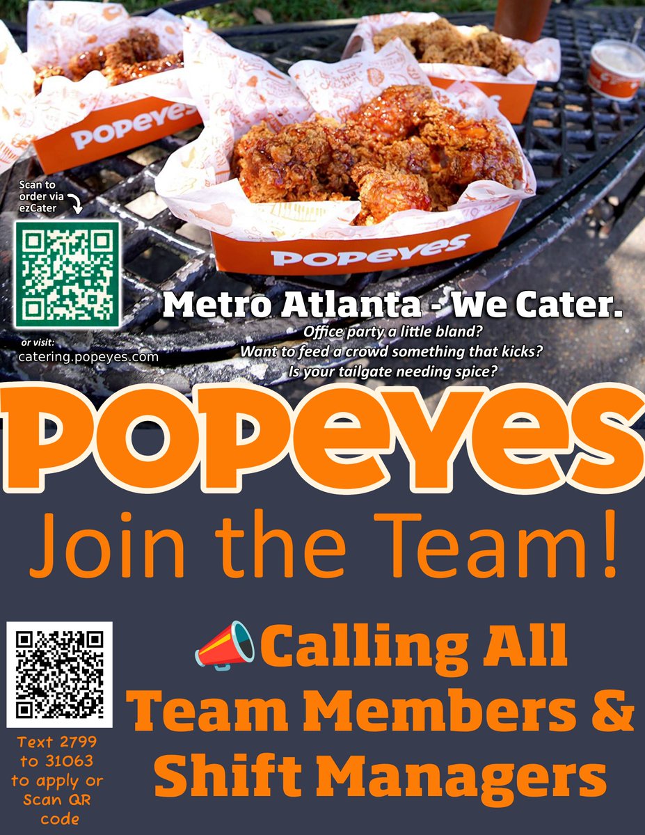 FunkyChickenATL's tweet image. ATL — Where Careers &amp;amp; Chicken Collide in the Best Way Possible! 🍗🔥
We’re serving up careers with some serious spice.  📲 workstream.us/j/74bf9108/pop…
🎉 Popeyes Catering —  
🚗 Pickup or delivery — your call.
📲 Order now: catering.popeyes.com
