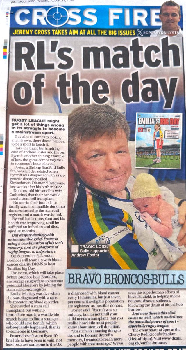Andrew Foster (@andrewfoster101) on Twitter photo Pick up a copy of today’s <a href="/dailystar/">Daily Star</a> and read all about #EmiliasBigDay 📰
Many thanks to <a href="/CrossyDailyStar/">Jeremy Cross</a> and <a href="/DailyStar_Sport/">Daily Star Sport</a>.
#rugbyleague
<a href="/LondonBroncosRL/">London Broncos</a>
<a href="/OfficialBullsRL/">Bradford Bulls</a> <a href="/DKMS_uk/">DKMS UK | We Delete Blood Cancer</a> Pick up a copy of today’s <a href="/dailystar/">Daily Star</a> and read all about #EmiliasBigDay 📰
Many thanks to <a href="/CrossyDailyStar/">Jeremy Cross</a> and <a href="/DailyStar_Sport/">Daily Star Sport</a>.
#rugbyleague
<a href="/LondonBroncosRL/">London Broncos</a>
<a href="/OfficialBullsRL/">Bradford Bulls</a> <a href="/DKMS_uk/">DKMS UK | We Delete Blood Cancer</a>