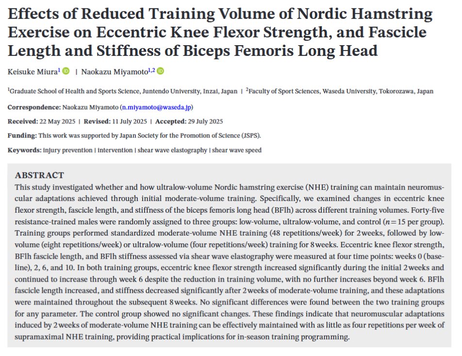 Jozo_Grgic's tweet photo. Effects of Reduced Training Volume of Nordic Hamstring Exercise on Eccentric Knee Flexor Strength, and Fascicle Length and Stiffness of Biceps Femoris Long Head

https://t.co/2gAxhLgv0J https://t.co/ZXM1ar7aql