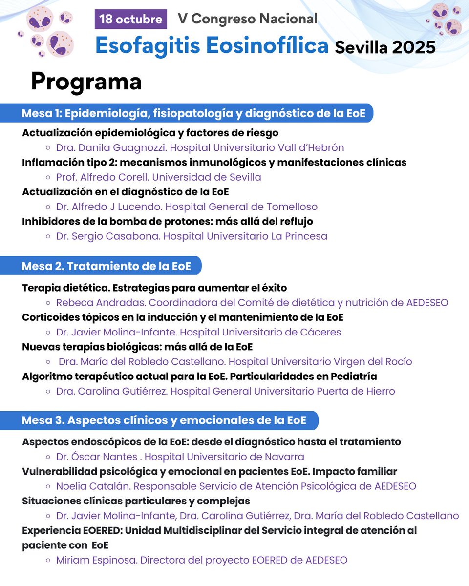 SAPD (@sapdes) on Twitter photo 🩺 V Congreso Nacional de Esofagitis Eosinofílica
📅 18 de octubre · Sevilla & online
💡 Expertos, avances y debate
✅ Inscripción gratuita
🔗 Programa e inscripción: aedeseo.es/v-congreso-eoe
#EsofagitisEosinofílica #Congreso #SaludDigestiva <a href="/aedeseo/">aedeseo - EoE</a> <a href="/EUREOS_EoE/">EUREOS</a> 🩺 V Congreso Nacional de Esofagitis Eosinofílica
📅 18 de octubre · Sevilla & online
💡 Expertos, avances y debate
✅ Inscripción gratuita
🔗 Programa e inscripción: aedeseo.es/v-congreso-eoe
#EsofagitisEosinofílica #Congreso #SaludDigestiva <a href="/aedeseo/">aedeseo - EoE</a> <a href="/EUREOS_EoE/">EUREOS</a>