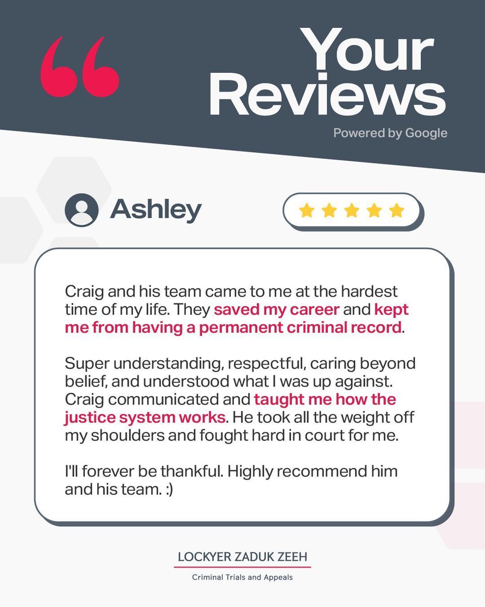 Lockyer Zaduk Zeeh (@lzzdefence) on Twitter photo 🌟 We’re grateful to Ashley for trusting us in tough times. At LZZ, we prevented a criminal record, safeguarding her future with expert defense.
Every case matters, and we offer guidance with clarity and compassion. Thank you, Ashley, for your trust and feedback. #LawFirm 🌟 We’re grateful to Ashley for trusting us in tough times. At LZZ, we prevented a criminal record, safeguarding her future with expert defense.
Every case matters, and we offer guidance with clarity and compassion. Thank you, Ashley, for your trust and feedback. #LawFirm
