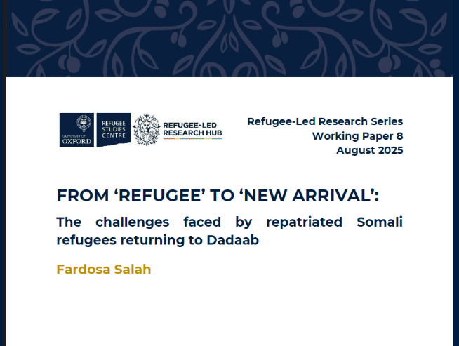 RLRH_Oxford's tweet image. RLRH Research Officer, @FardosaSalaah, authors our 8th working paper: From ‘Refugee’ to ‘New Arrival’ on the plight of Somali refugees repatriated from Dadaab to Somalia but returned to Kenya by their own means. Salah explores the challenges arising from this circular migration.