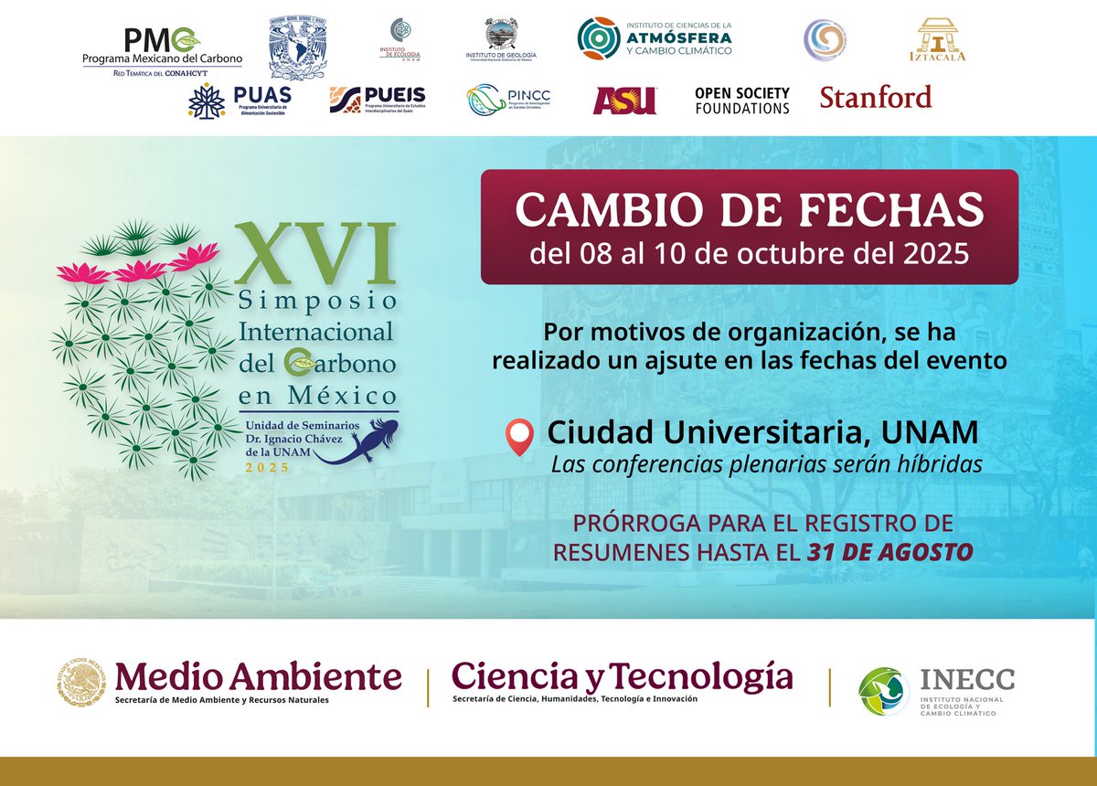 Dr. Tonantzin Tarin (@tonantzindr) on Twitter photo Faltan menos de dos meses para este evento académico. Aún pueden enviar sus resúmenes aquí: pmcarbono.org/pmc/
<a href="/IEcologiaUNAM/">Instituto de Ecologia,UNAM</a> <a href="/ICAyCC_UNAM/">Inst de Ciencias de la Atmósfera y Cambio Climátic</a> <a href="/Ciencia_UNAM/">Ciencia UNAM</a> <a href="/ProgMexCarb/">Programa Mexicano del Carbono</a> <a href="/inecc_gob_mx/">INECC</a> <a href="/SEMARNAT_mx/">SEMARNAT México</a> <a href="/Secihti_Mx/">Secretaría de Ciencia</a> Faltan menos de dos meses para este evento académico. Aún pueden enviar sus resúmenes aquí: pmcarbono.org/pmc/
<a href="/IEcologiaUNAM/">Instituto de Ecologia,UNAM</a> <a href="/ICAyCC_UNAM/">Inst de Ciencias de la Atmósfera y Cambio Climátic</a> <a href="/Ciencia_UNAM/">Ciencia UNAM</a> <a href="/ProgMexCarb/">Programa Mexicano del Carbono</a> <a href="/inecc_gob_mx/">INECC</a> <a href="/SEMARNAT_mx/">SEMARNAT México</a> <a href="/Secihti_Mx/">Secretaría de Ciencia</a>