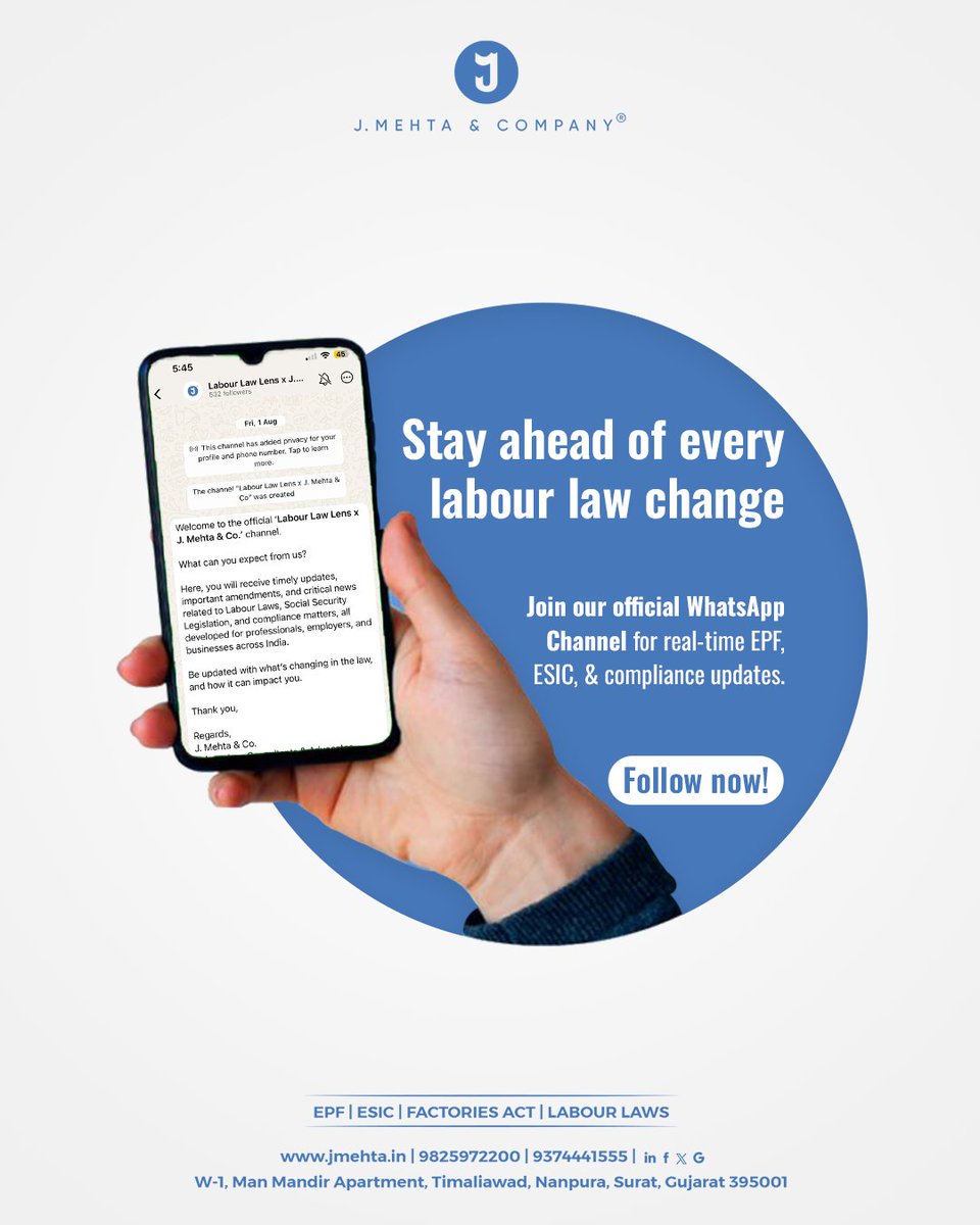 JMehtaCo's tweet photo. We have launched an official WhatsApp Community where, 
⚖️Timely Labour Law updates
📢Social Security Legislation news
📌Compliance guidance for HR &amp; business leaders

📲 Link to join is in the comment section.

#labourlawupdates #hrcompliance 
#employmentlaw https://t.co/WI8H4HVMOH