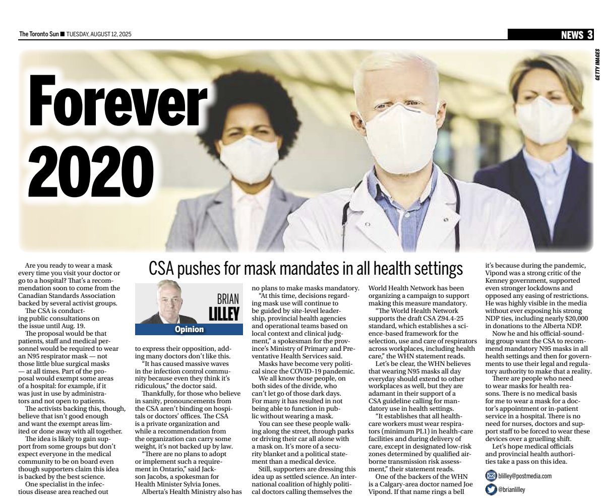 brianlilley's tweet photo. I love the headline on this piece.
The people who never want to give up on COVID restrictions want to make it mandatory to wear an N95 mask at all times in all health care settings.
Read my latest in the Toronto Sun including some government reaction.
https://t.co/0f6hybsHEO https://t.co/y3YlEyMA1L