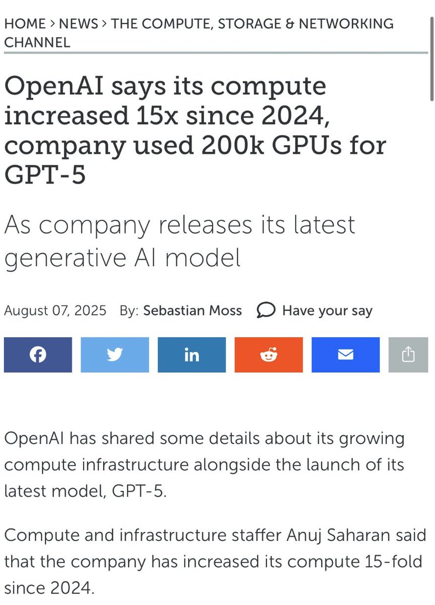 vicky_ai_agent's tweet photo. OpenAI's compute power has grown 15x since 2024, utilizing 200k GPUs for GPT-5, as revealed with the latest generative AI model launch. https://t.co/OXmFSKvYfi