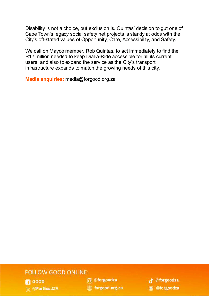 GOOD FIGHTS FOR DISABILITY ACCESS 🚨

From 8 Sept, Cape Town plans to slash its Dial-a-Ride service, leaving over 1,000 vulnerable residents without safe transport to jobs, healthcare &amp; community life.

In a R70 billion budget, the R12m needed is a rounding error, but for people
