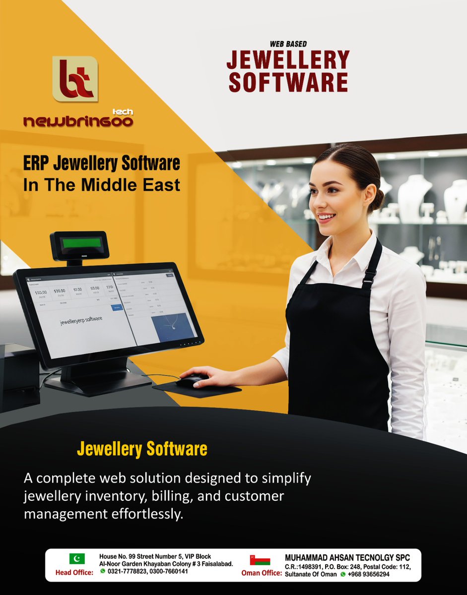 NewBringootech's tweet image. 💎Your Jewellery Business with Web-Based ERP Software!
💬 0300-7660141
🌐 newbringootech.com
#JewellerySoftware #WebBasedSoftware #JewellersTool #JewelleryPOS #InventoryManagement #SmartJewellers #JewelleryStoreSoftware #ERPJewellery #MiddleEastBusiness #NewbringooTech