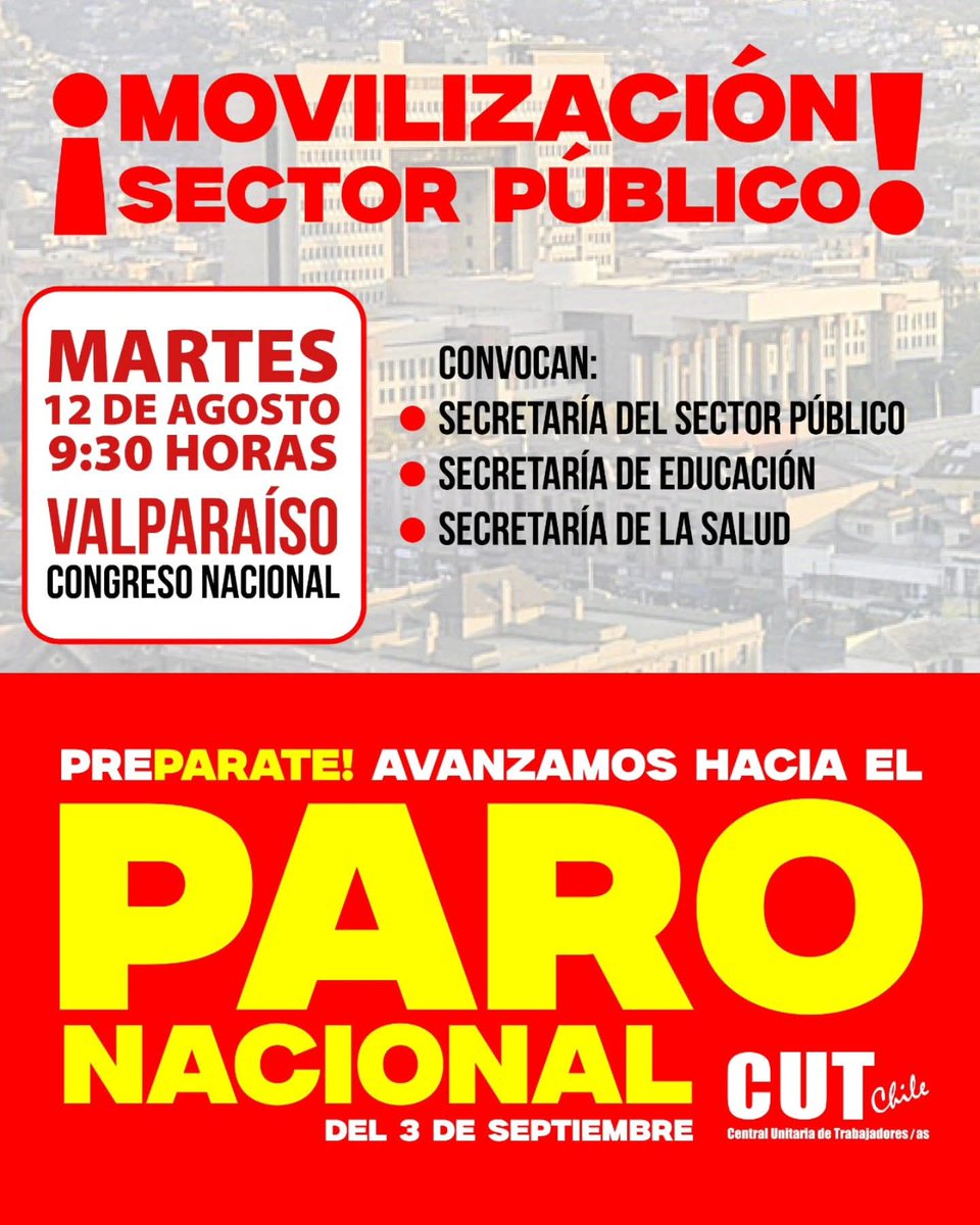 🔴 ¡Súmate a la  convocatoria de MOVILIZACIÓN contra el proyecto de ley que modifica el Subsidio por Incapacidad Laboral!
🗓️ #12DeAgpsto ⏰9:30 📍 Congreso, Valparaíso
📣 El trabajo público se defiende💪
#Avanzamos #ParoNacional3Sep