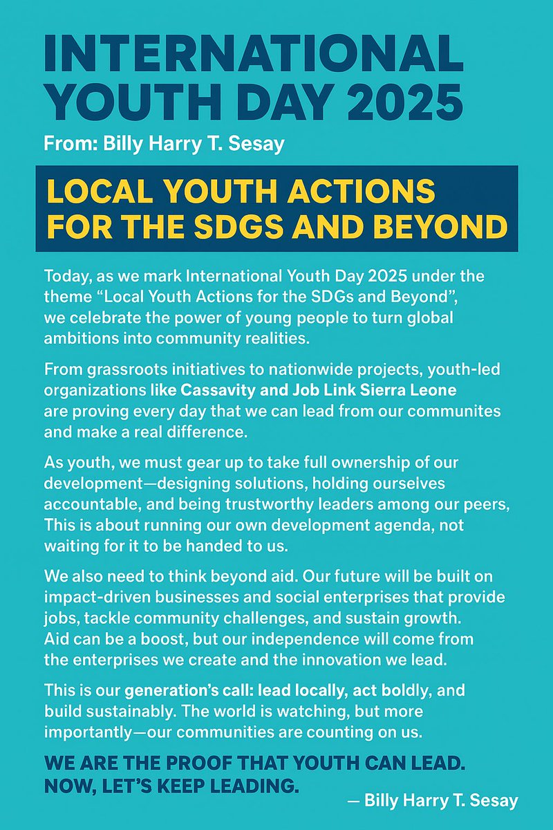 BillySesay's tweet photo. #YouthDay2025, Youth-led orgs like Cassavity &amp; @job_leone prove we can lead from our communities &amp; drive real change.

Own our development. Be accountable. Build impact businesses. Go beyond aid.
The world is watching, our communities are counting on us.
We are the proof. https://t.co/ZCMgBu1BQd