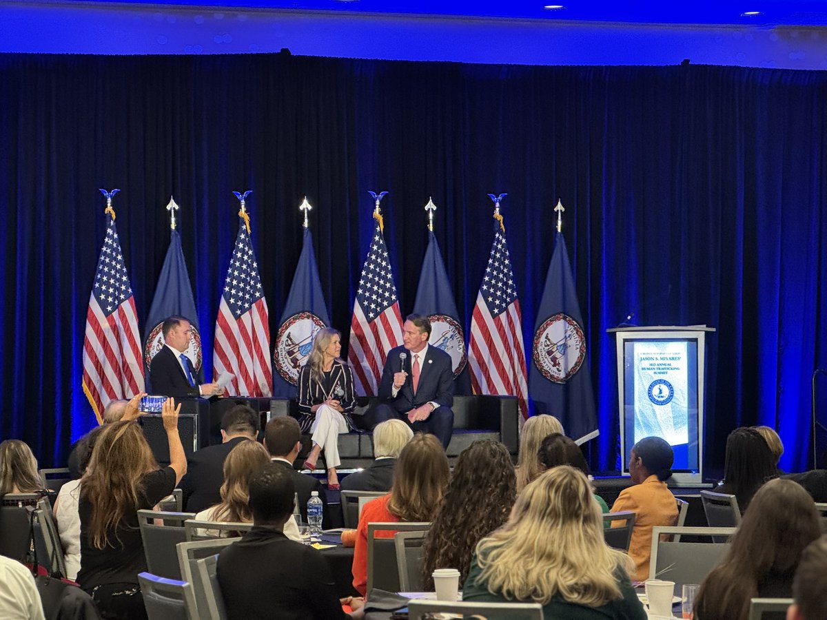Happening now: <a href="/GovernorVA/">Governor Glenn Youngkin</a> Glenn and Suzanne Youngkin speak to <a href="/JasonMiyaresVA/">Jason Miyares</a> at the 2025 Human Trafficking Summit in Arlington, VA. Miyares says "epicenter" for trafficking in VA is Tyson's Corner. W/<a href="/asholiver/">Ashley Oliver</a>