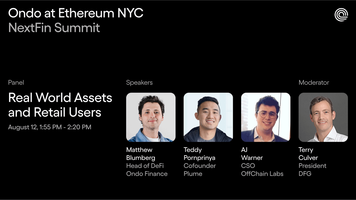 Ondo Finance (@ondofinance) on Twitter photo Ondo at @Ethereum_NYC.
Head of DeFi, <a href="/matt_blumberg/">LimitDown Matt</a>, will speak at NextFin Summit on “Real World Assets and Retail Users”, exploring how tokenization and DeFi infrastructure are unlocking new opportunities for global participants. Ondo at @Ethereum_NYC.
Head of DeFi, <a href="/matt_blumberg/">LimitDown Matt</a>, will speak at NextFin Summit on “Real World Assets and Retail Users”, exploring how tokenization and DeFi infrastructure are unlocking new opportunities for global participants.