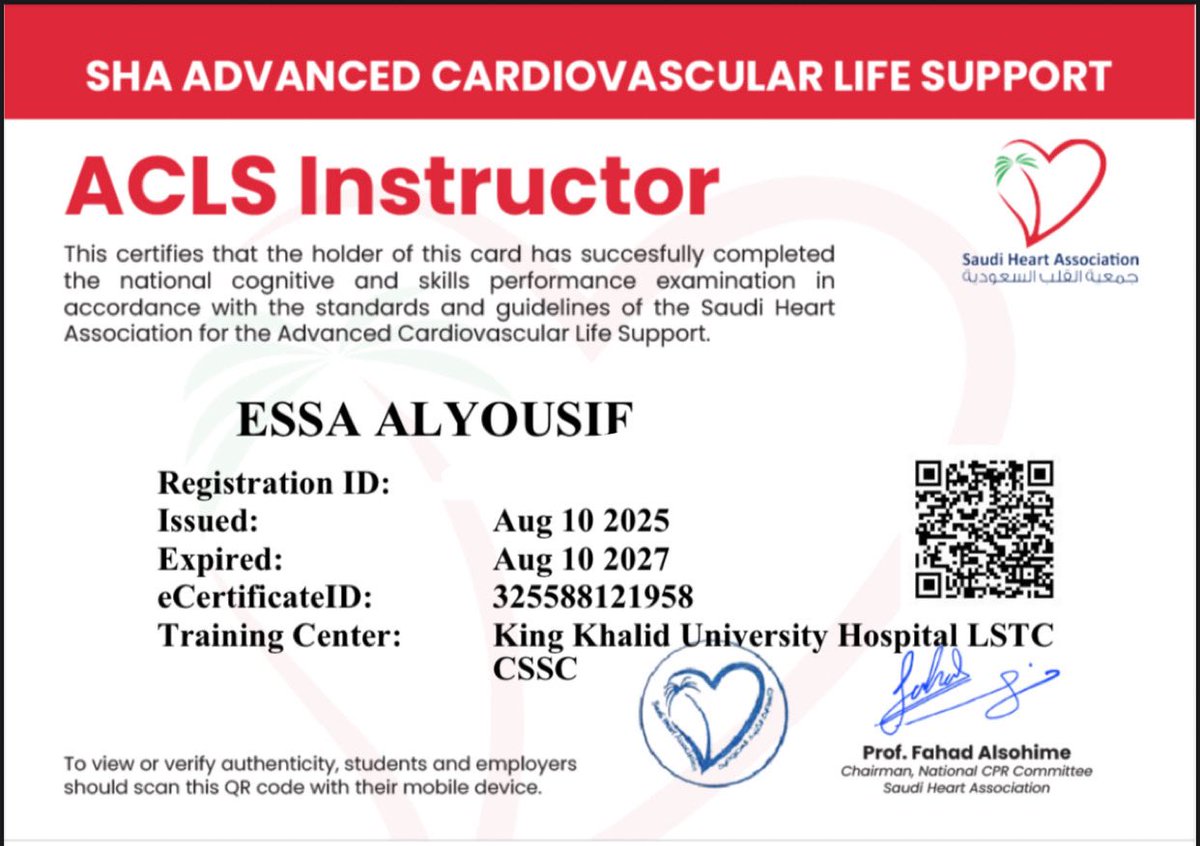 Officially Advanced Cardiovascular Life Support (ACLS) Instructor🫀

“من صدق عزمه، بلغ مراده، ومن سعى بجدّه، أدرك مقصوده”
#acls
