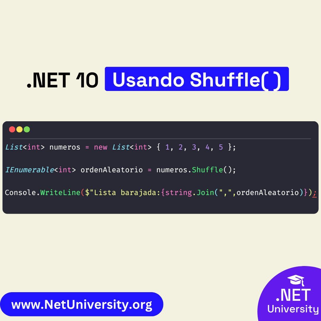 dotnetES's tweet image. 🔥 ¡Lo nuevo en .NET 10: Shuffle()! 🔀
Reordena aleatoriamente tus listas al azar con facilidad.
¡Perfecto para juegos o datos random! 🎲💻
#DotNet #CodingTip