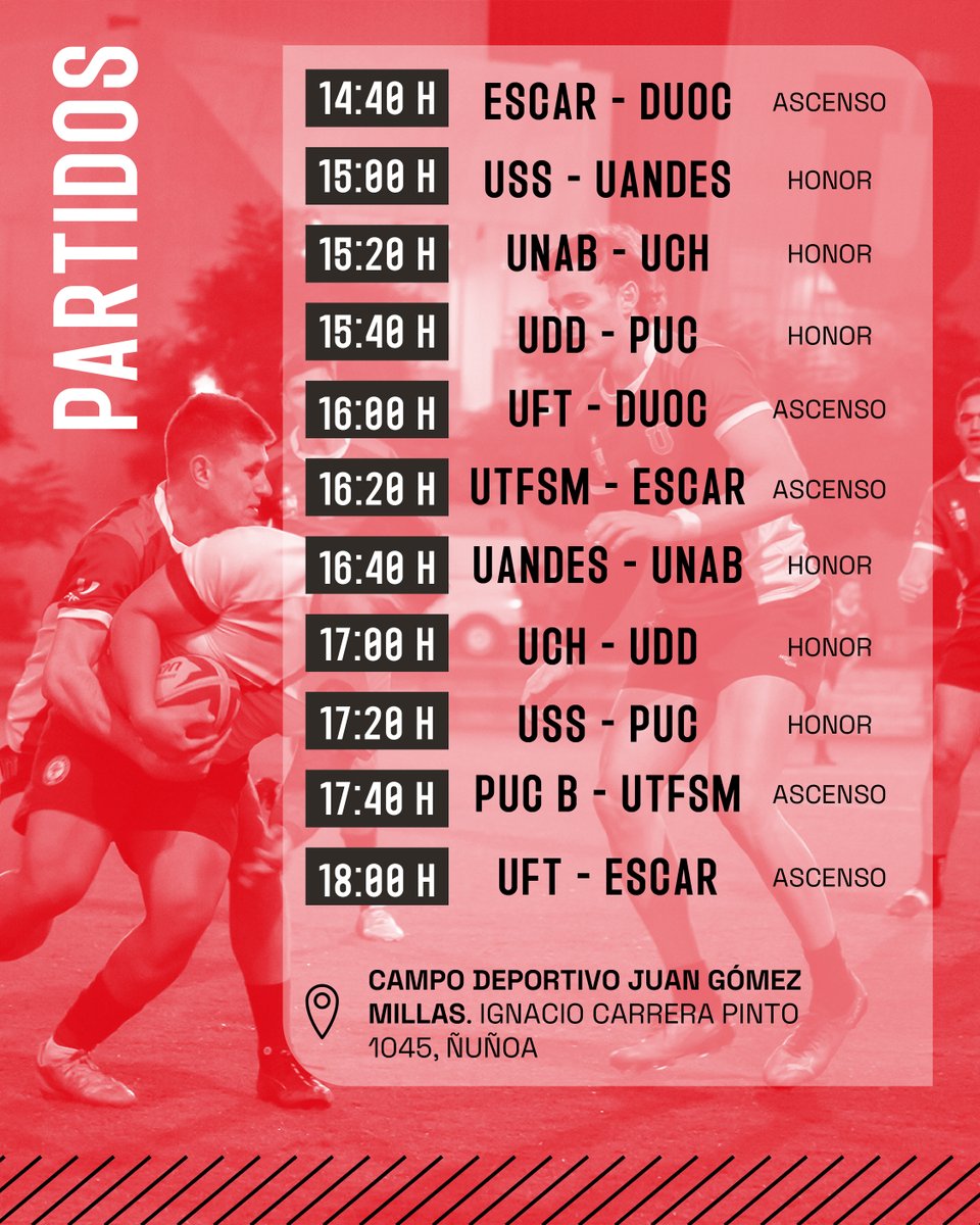 ¡Vive lo mejor del Rugby 7 universitario en el Campus Juan Gómez Millas! 

El próximo miércoles 13 de agosto, viviremos una nueva fecha del Campeonato de Rugby 7.

👀 Mira los partidos y horarios de la competencia.

🎫 La entrada es completamente gratuita.