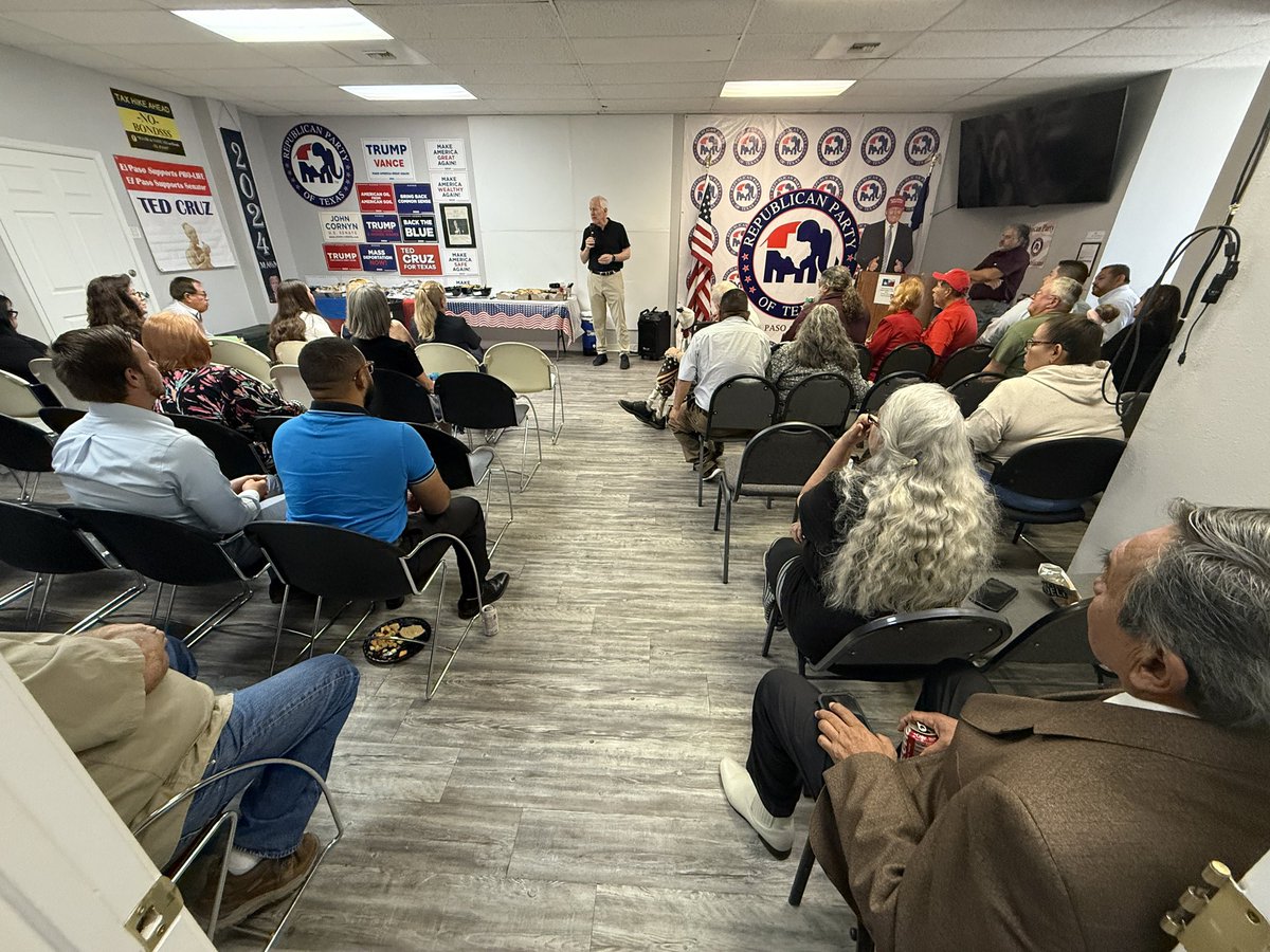 JohnCornyn's tweet photo. Great to be with an enthusiastic group of @EPTXGOP faithful at their county headquarters! Thanks to their hard work &amp; @realDonaldTrump’s incredible campaign, El Paso County has seen a steady uptick in Republican voters. I look forward to seeing their successes in 2026. #KeepTXred https://t.co/u8ETGWrcYZ