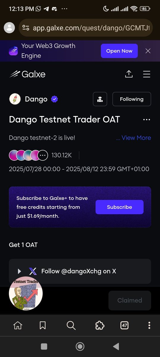 Over 130k has been claimed galxe testnet trader OAT on <a href="/dangoXchg/">dango🍡</a> .

You still have chance to claim before the testnet end

Great things take times,you won't say that,you start now and you want to see change at the time, impossible sometimes .

The reality is,you have show up