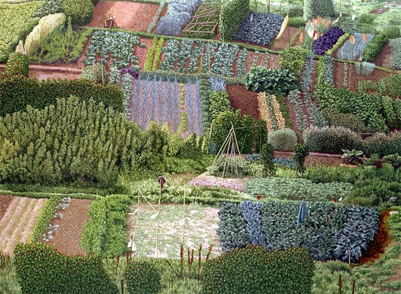 David Inshaw 
He co-founded  the Brotherhood of Ruralists in the 1970s alongside Annie Ovenden.  
Still creating work as the Ruralists code set out 
Going back to the land and painting    ‘The Truth’. 
‘Allotments’