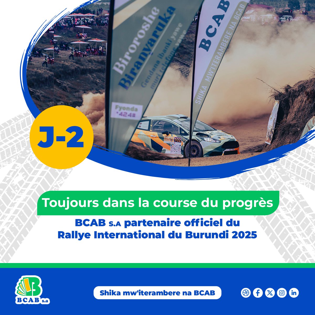 BcabBank's tweet photo. 🏁 J-2 avant le coup d’envoi du #Rallye2025 !

🚗💨 Vitesse, adrénaline,... : nous sommes prêts… et vous ?
BCAB s.a toujours dans la course avec vous!
#BCAB #RallyeBurundi2025 #Abatwip #Burundi https://t.co/RAq6QwzVc3